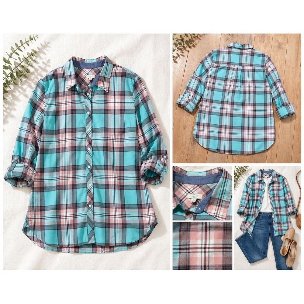 Talbots Plaid Button Up Shirt Womens L Teal Blue Pink Roll Tab Sleeve Lightweigh